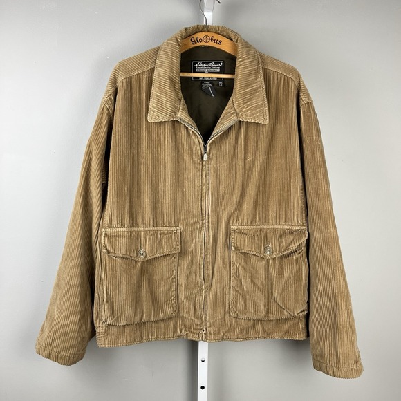 Vintage 90s Eddie Bauer Corduroy Bomber Jacket Coat Mens‎ L Tan Full Zip